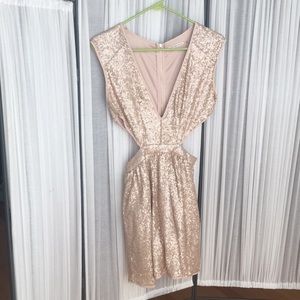 Champagne color sequined mini dress with cut outs
